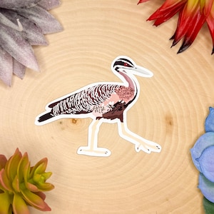 May include: A sticker featuring a stylized bird with a long neck and legs. The bird has a white beak, a black and white striped head, and a body with brown and pink markings. The sticker is on a wooden surface, surrounded by colorful flowers.
