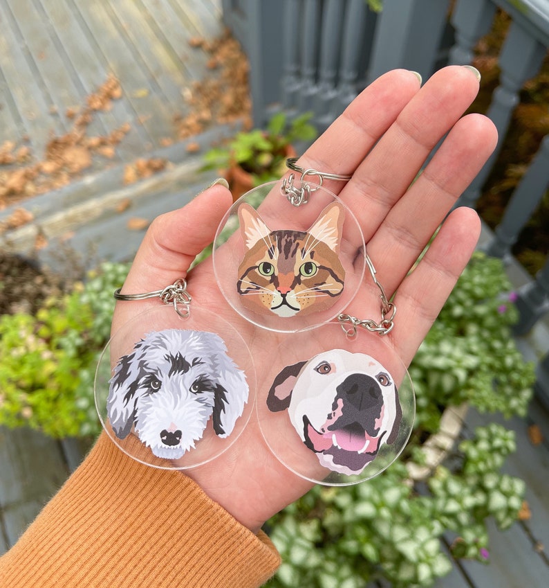 May include: Three round clear acrylic keychains with different animal faces. The keychains feature a tabby cat, a white dog, and a gray and white dog. The keychains are held in a person's hand.