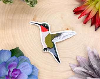 Peut inclure: Un autocollant représentant un colibri avec une gorge rouge, un dos vert et des plumes bleues à la queue. Le colibri est en vol, les ailes déployées.