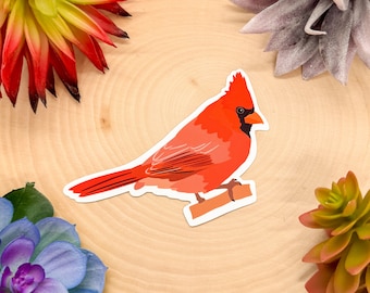 May include: A red cardinal bird sticker with a white outline. The bird is perched on a branch with its wings spread out.
