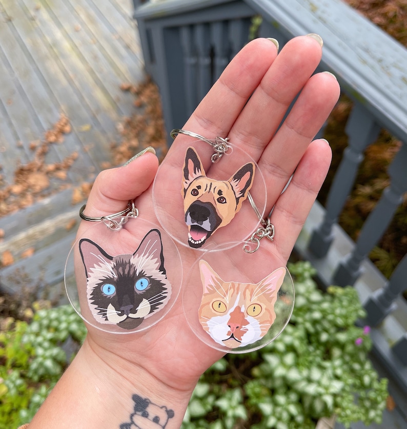 May include: Three clear round keychains with images of a cat, a dog, and a cat. The keychains are held in a hand.