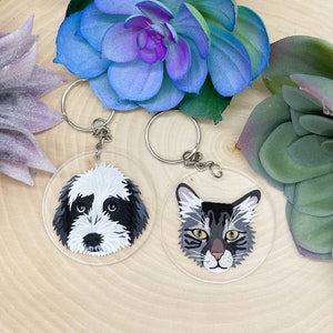 May include: Two round keychains with clear acrylic backgrounds. One keychain features a black and white illustration of a dog's face. The other keychain features a black and white illustration of a cat's face.