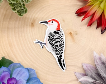 May include: A red-headed woodpecker sticker with black and white stripes on a wooden background.