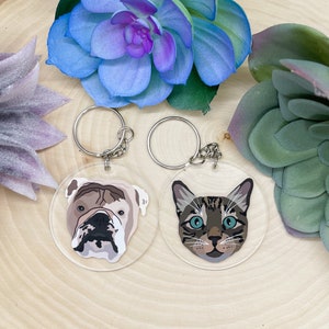 May include: Two clear acrylic keychains with a bulldog and a tabby cat printed on them. The keychains are on a wooden surface with two succulents.