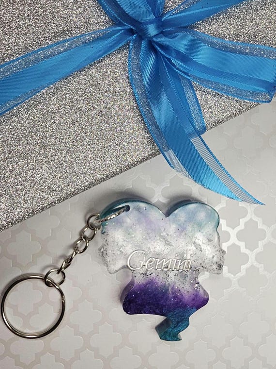 Alexandrite Gemini Zodiac Keychain: Handmade Silver Flake Charm