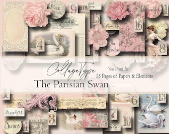 Junk Journal, swans, scrapbook papers, blush, coral, sepia, 15 pages JPEG PDF both