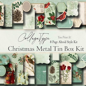 May include: A collection of vintage-style Christmas-themed tags and labels. The design includes images of Santa Claus, birds, pinecones, and floral elements. The text "CollageType" and "Christmas Metal Tin Box Kit" are also visible.