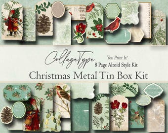 altoid tin, mini junk journal, Christmas botanicals, Shabby, Chic, 8 papers Ephemera