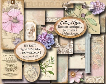 journal kit, antiquity, ephemera, Roman, Latin, sepia pastels, JPG + PDF, 20 collage sheets