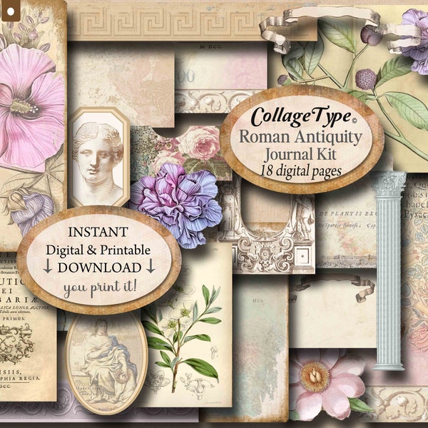 journal kit, antiquity, ephemera, Roman, Latin, sepia pastels, JPG + PDF, 20 collage sheets