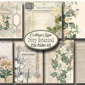 ジャーナルキット用ファイルフォルダー、アイボリー、ホワイト、エフェメラ、植物、セピア、14 ページ