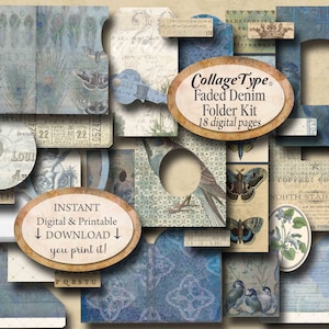 Junk Journal, kit de pastas de arquivos, jeans, azul, JPG e PDF, 18 folhas digitais