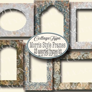 May include: A set of 23 digital printable frames in various sizes, featuring a vintage floral pattern inspired by William Morris. The frames are perfect for adding a touch of classic elegance to your digital projects.