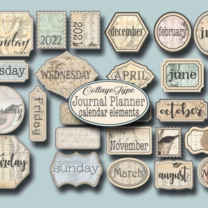 labels, junk journal calendar numbers, days, months, years, 86 calendar elements, sepia