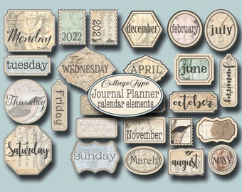 May include: A set of vintage-style printable journal planner elements featuring days of the week, months of the year, and a title that reads "Collage Type Journal Planner calendar elements".