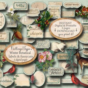 May include: A set of 5 digital printable pages featuring winter botanical labels and fussy cuts. The labels feature a variety of winter themes, including snowflakes, cardinals, holly, and deer. The fussy cuts include images of pine cones, rabbits, and birds. The labels and fussy cuts are perfect for adding a touch of winter charm to your crafts and projects.