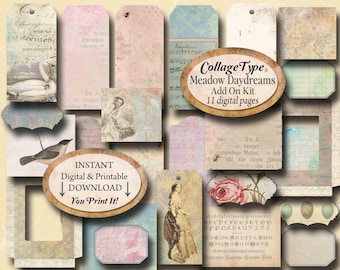 journal digital kit, golden daydreams, PDF and JPG, botanicals, blue, green, pink, 11 pages