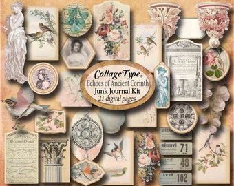 Junk Journal kit, pink, sepia, golden 18th century ephemera, JPG PDF 21 pages