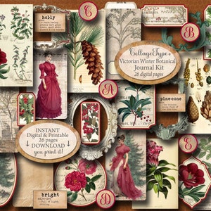 Victorian Winter, Botanicals, digitales Journal, JPG PDF, rot, sepia, 26 Collage Blätter
