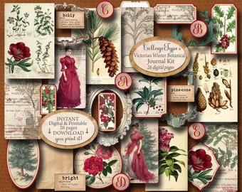 Victorian Winter botanicals, digital journal, JPG PDF, red, sepia, 26 collage sheets