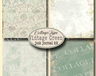 May include: A collage of four vintage green paper designs. The papers feature floral patterns, distressed textures, and faded text. The center of the image has a circular label that reads "CollageType Vintage Green junk journal kit."