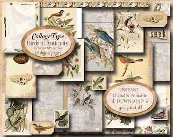 Journal elements, sepia, ivory, digital collage, PDF JPG both, 1850s Birds of Antiquity