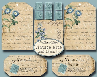 May include: A vintage-style embellishment kit with a blue and beige color scheme. The kit includes tags, labels, and decorative squares with floral and script designs. The text "Collage Type Vintage Blue embellishment kit" is visible.