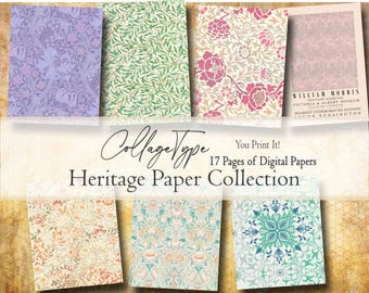 morris style paper, ephemera, antique papers, background papers for journals 17 pages
