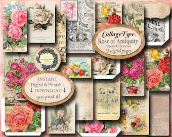 Antique Roses, Junk journal, JPG and PDF, botanicals, scrapbooking, 12 collage sheets