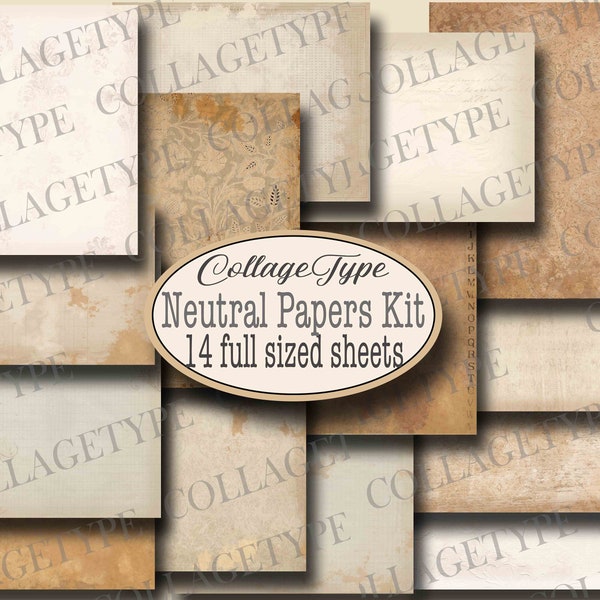 junk journal, papers, neutral, cream, beige, ivory, tea stained, 14 sheets