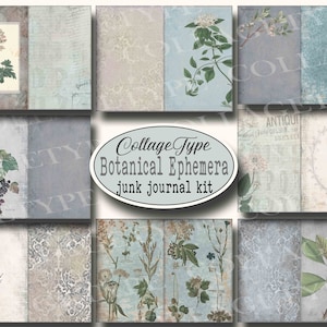 junk journal, kit, botanicals, blue, grey, cream, green, digital, you print, 30 sheets
