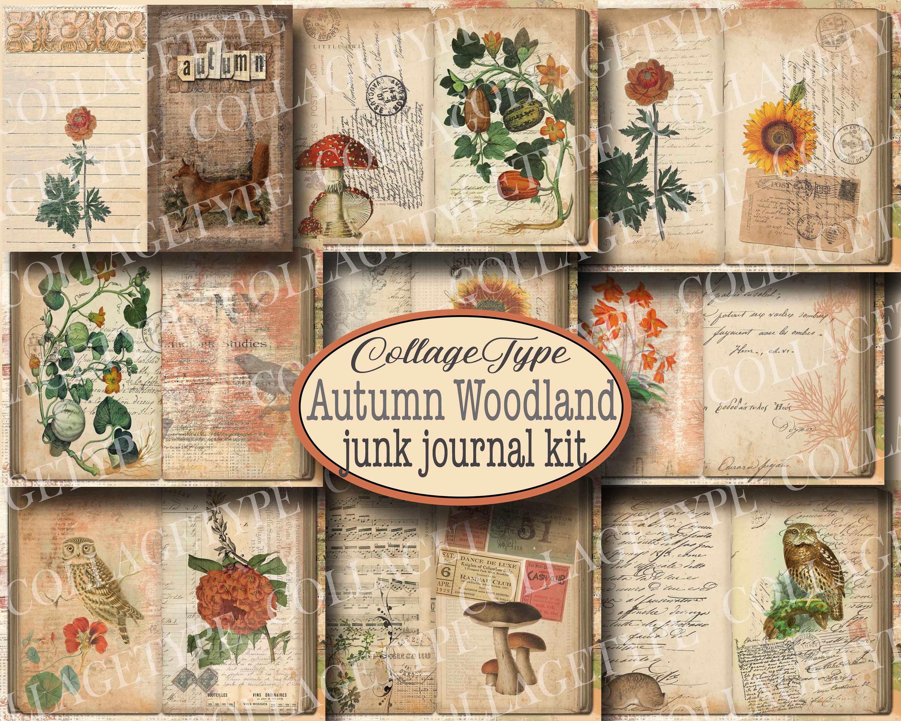 junk journal autumn woodland, orange brown cream, 21 pages digital kit