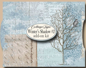 May include: A digital collage kit with a blue and white background featuring a bare tree and the text "Collage Type Winter's Shadow #2 add-on kit".