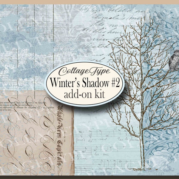 junk journal kit, winters shadow 2 add on, blue, ivory, owls, 10 instant digital pages