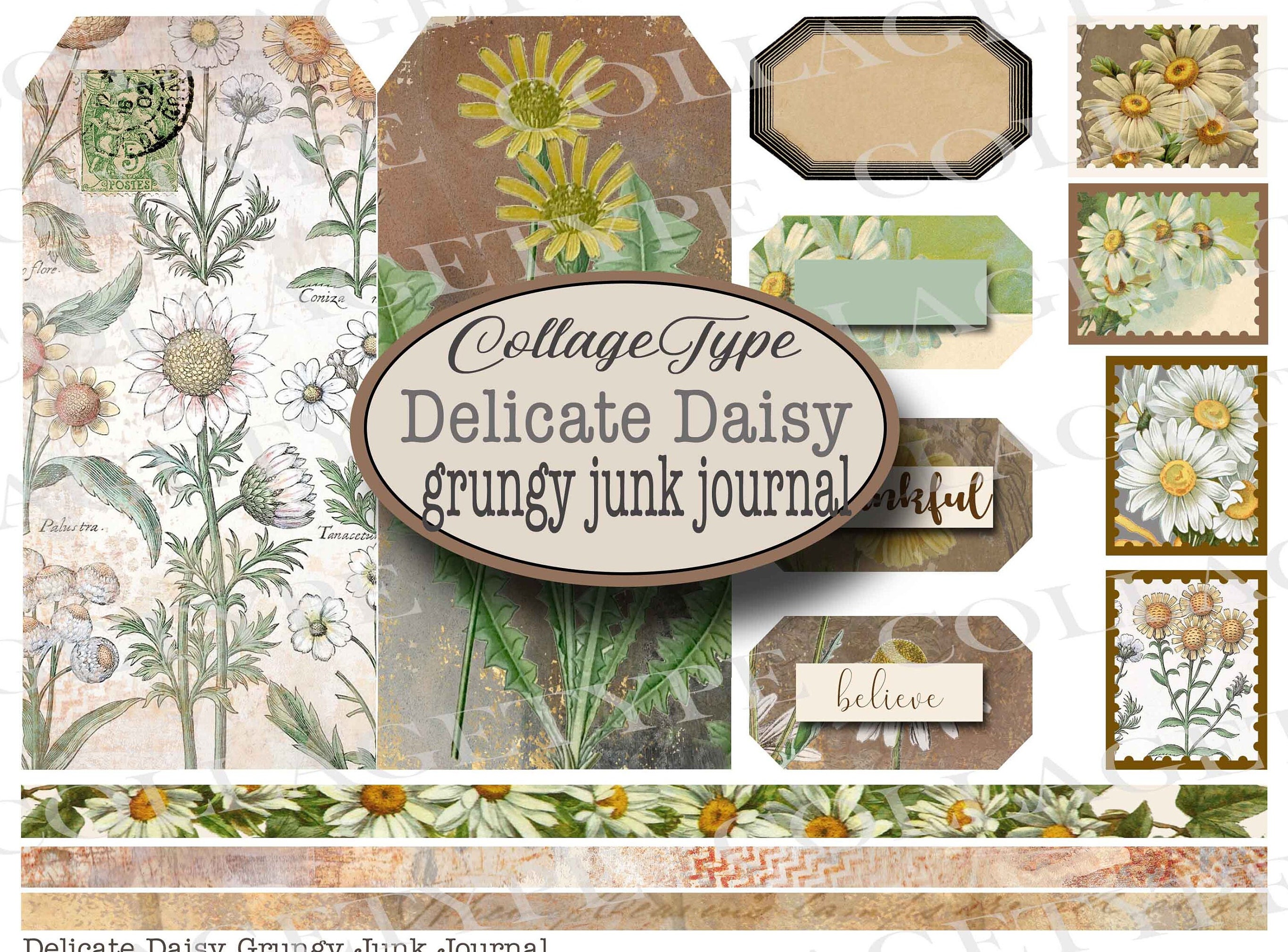 Junk Journal, Daisies, Grunge, Sepia, Ivory, 21 Page Digital
