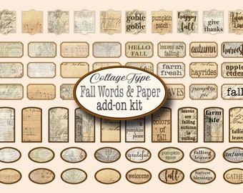 May include: A collection of vintage-style fall themed labels and tags with words and phrases like "goble goble", "pumpkin patch", "happy fall", "autumn harvest", "farm fresh", "apple cider", "leaves are falling", "colors of fall", "grateful", "welcome", "fall", "harvest blessings", and "gather".