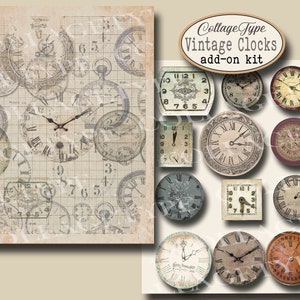May include: A digital collage sheet featuring vintage clock faces in various styles and colors. The sheet is designed for crafting and scrapbooking projects.