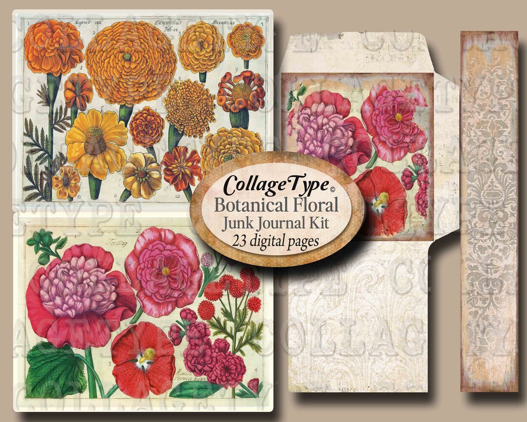 Junk Journal, Ephemera, Kits, Floral Botanical, Bright Colors, 23 ...