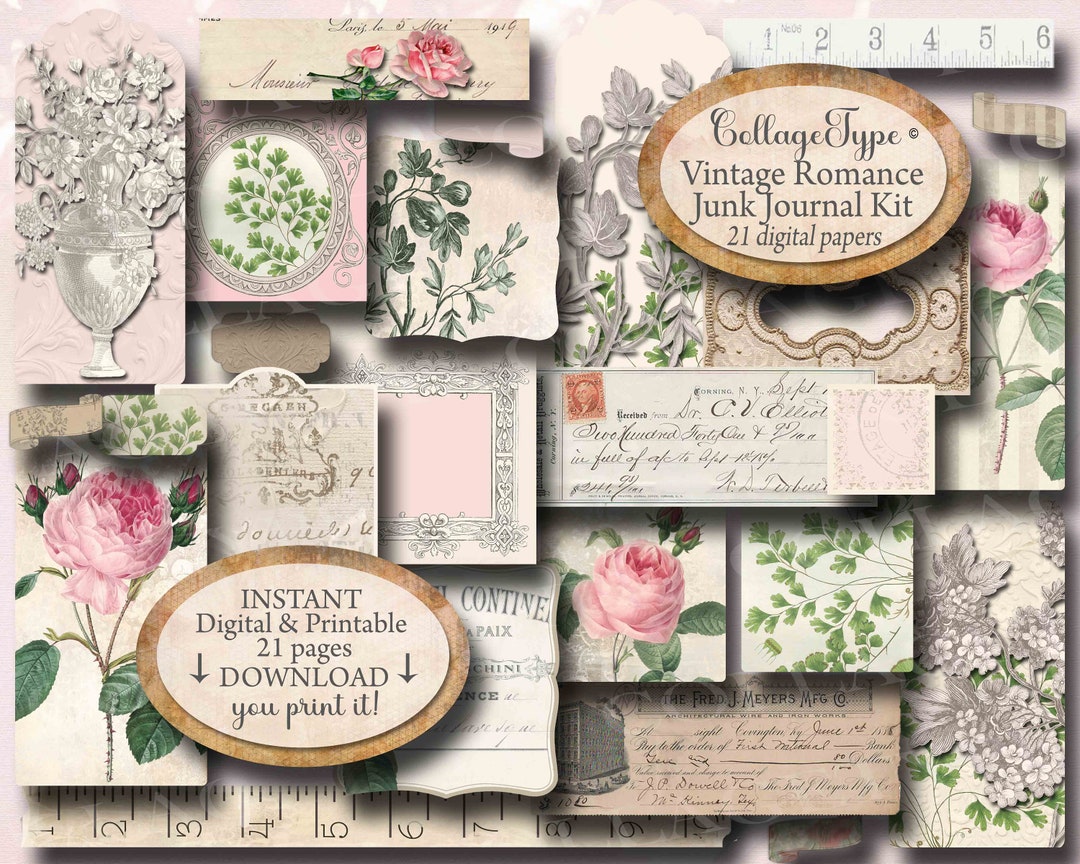 Journal Kit, Roses, Ivory, Green, Blush, Pink, 21 Digital Pages - Etsy