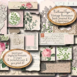 Journal kit, roses, ivory, green, blush, pink, 21 digital pages