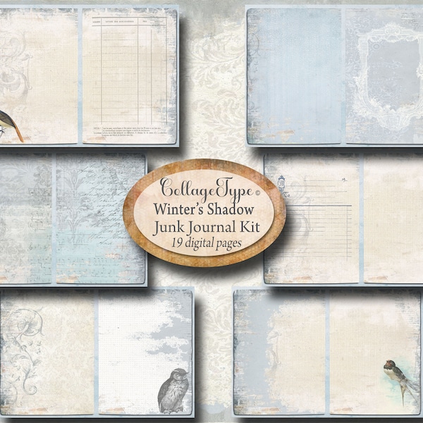 Journal kit, JPG PDF, ice blue, ivory, winter, 19 instant digital pages