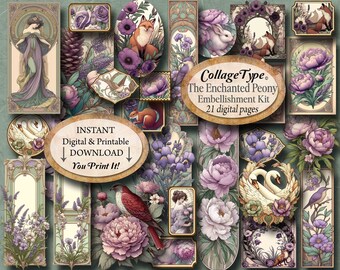 Junk Journal digital kits, purple, pink, peony, sepia, 21 collage sheets