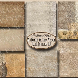 junk journal autumn woods, fall junk journal, brown cream tea stained, 23 pages digital kit
