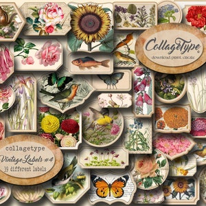 junk journal labels #4, vintage ephemera, paper, digital download, 39 labels jpg