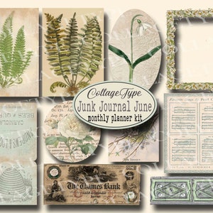 Junk Journal juni månadsplanerare, valfritt år, över 145 delar, 14 sidor