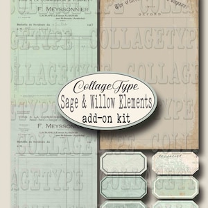 May include: A digital collage kit featuring vintage-style paper textures and elements in sage green and willow green colors. The kit includes a title card that says "Collage Type Sage & Willow Elements add-on kit" and several decorative labels with a floral pattern.
