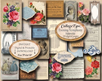 Junk Journal File kit, digital papers, blue and ivory and roses, 19 pages