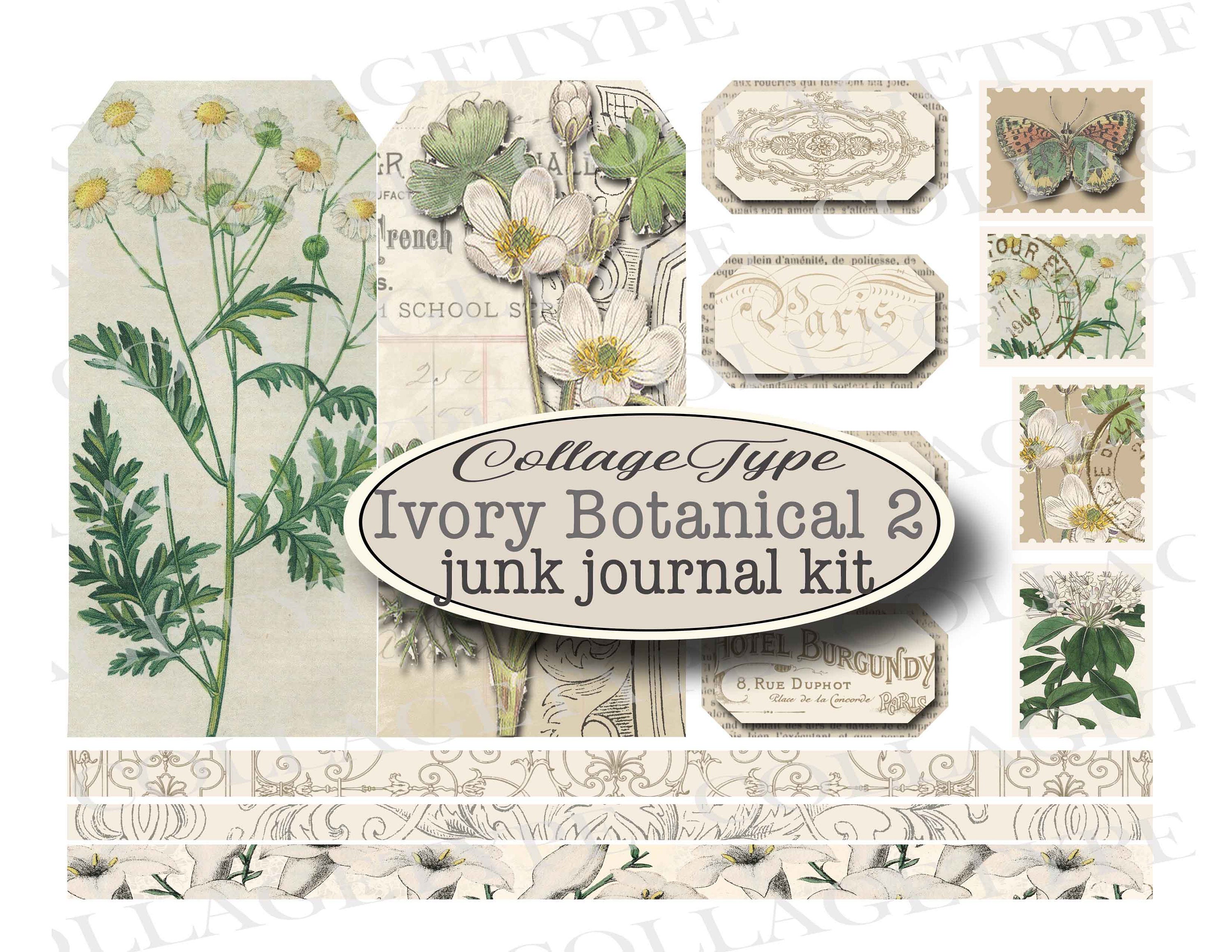 Ivory Botanical Junk Journal, Kit, Digital, Unique, White, Beige, Ivory  Ephemera, 21 Pages 