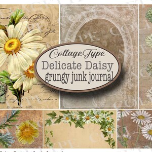 Junk Journal, daisies, grunge, sepia, ivory, 21 page digital download