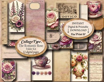 Rose Junk Journal Kit: Sepia Scrapbook Papers 12 pages to print at home